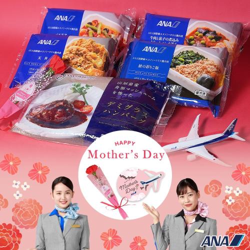 母の日いつもありがとう便　機内食4個＋ANA FINDELISH山形県産舟形マッシュルームを使ったデミグラスハンバーグセット（機内食4種×各1個ずつ＋ハンバーグ1袋（2個入り））【母の日お届け受注締め切り：4月26日（日）23:59まで】