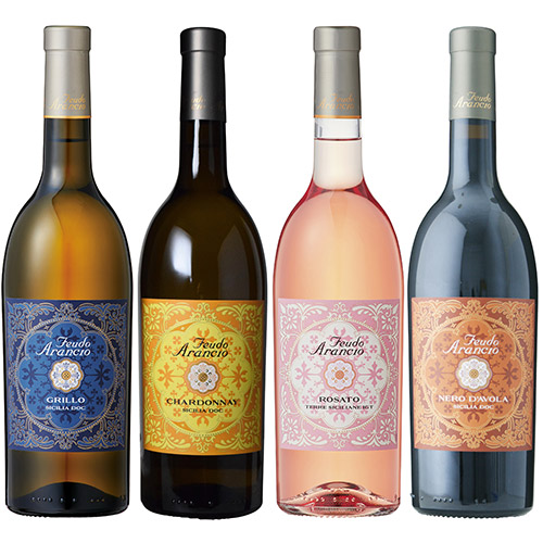 鮮やかなシチリア陶器模様がデザインされた、赤白ロゼワイン4本セット