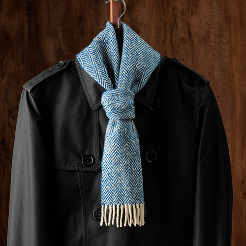 ＜みちのくあかね会＞ホームスパン ショートマフラー ブルー×ベージュ