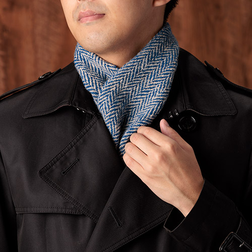 ＜みちのくあかね会＞ホームスパン ショートマフラー ブルー×ベージュ