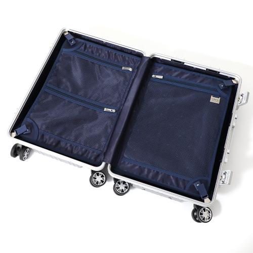 ＜TAKEO KIKUCHI＞ ワンプッシュロック機能 フレームハードキャリー ポリカーボネイト100％ アルミ製コーナーパット アルミフレーム 36L／ﾈｲﾋﾞｰ