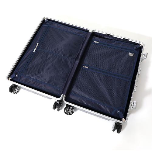 ＜TAKEO KIKUCHI＞ ワンプッシュロック機能 フレームハードキャリー ポリカーボネイト100％ アルミ製コーナーパット アルミフレーム 65L／ﾈｲﾋﾞｰ