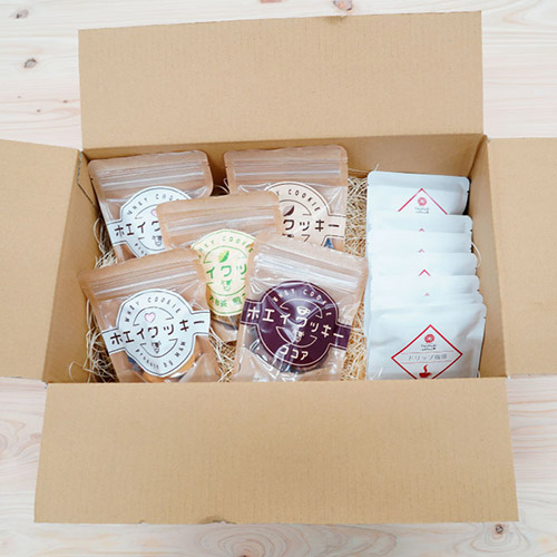 ＜よろこば食堂＞ホエイクッキー5個（プレーン2枚、ほうじ茶・煎茶・ココア各1枚）＆ドリップコーヒー7個セット