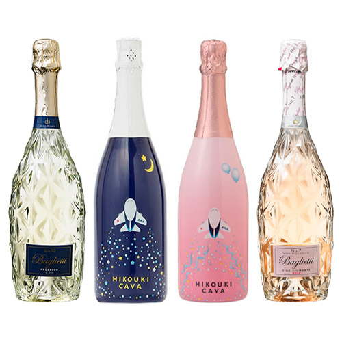 【送料当社負担】飛行機CAVA入り！パーティー映えするスパークリング4本セット