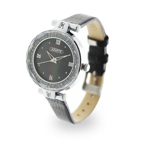 ＜アビステ＞ラウンドフェイスクリスタル革ベルト腕時計/9220068S