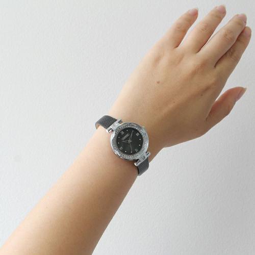 ＜アビステ＞ラウンドフェイスクリスタル革ベルト腕時計/9220068S