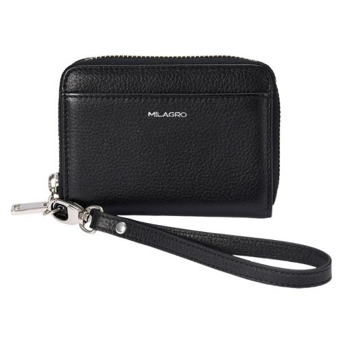＜ミラグロ＞シュリンクレザー・ストラップ付きラウンドジップカードウォレット