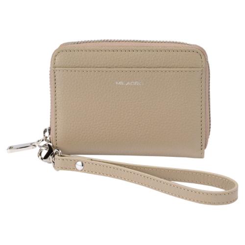 ＜ミラグロ＞シュリンクレザー・ストラップ付きラウンドジップカードウォレット