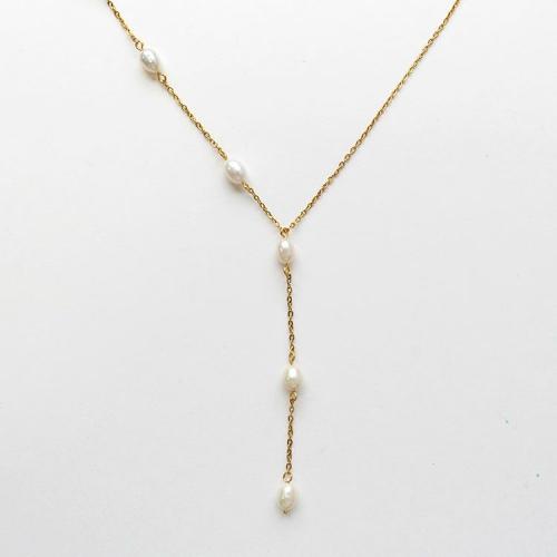 ＜アビステ＞淡水パールY字ラインアシンメトリーショートネックレス