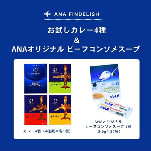 ＜ANA FINDELISH＞オリジナルカレー4種&ビーフコンソメスープセット（カレー4種×各1個+ビーフコンソメスープ1箱）