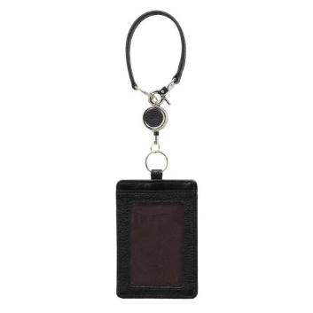 ミラグロ＞シュリンクレザー・リール付き縦型パスケース／ブラック